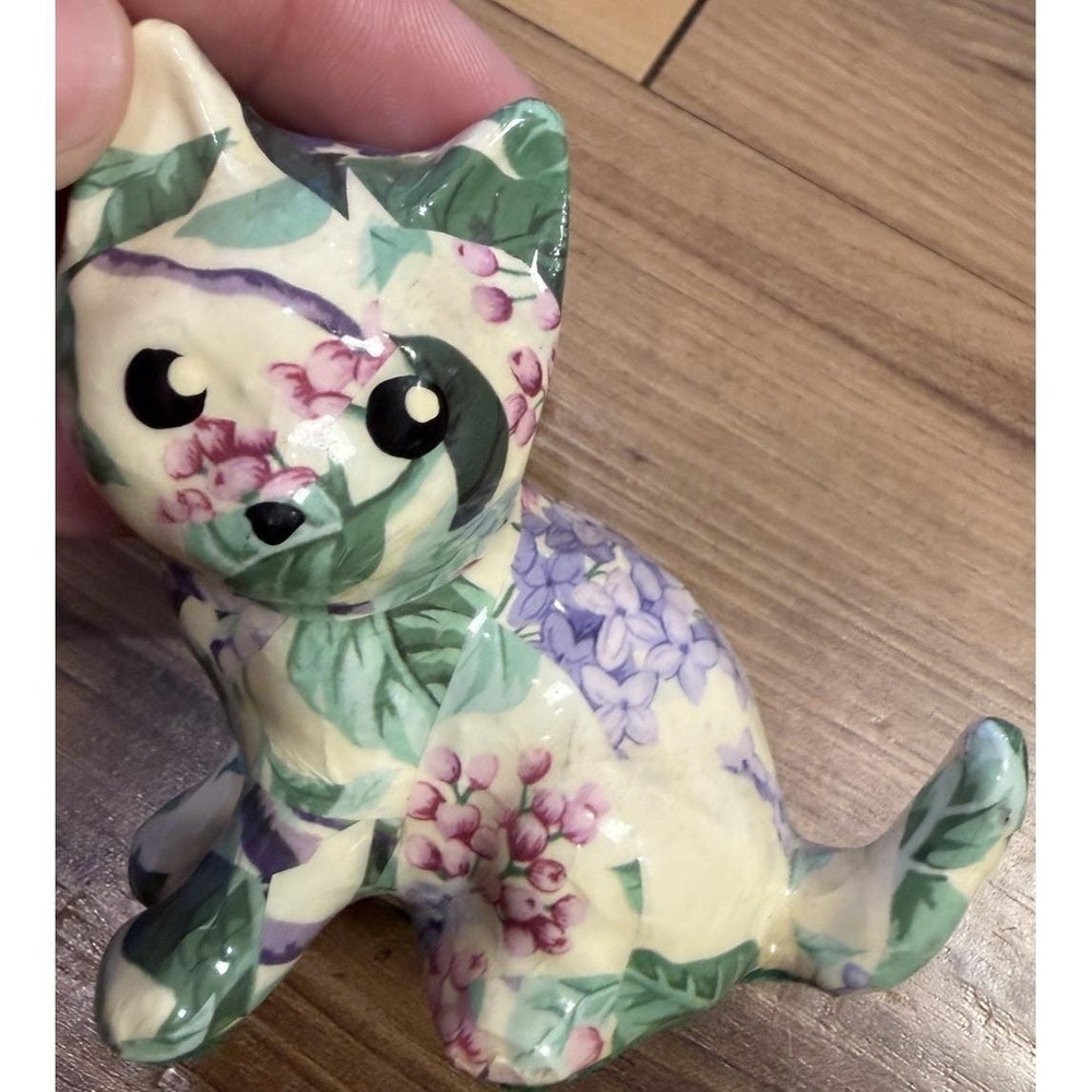 Handmade Floral Decoupage Cat Figurine Made in Canada Ceramic Cottagecore Decor